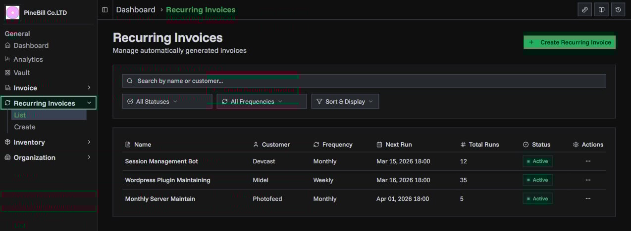 Recurring Invoices List
