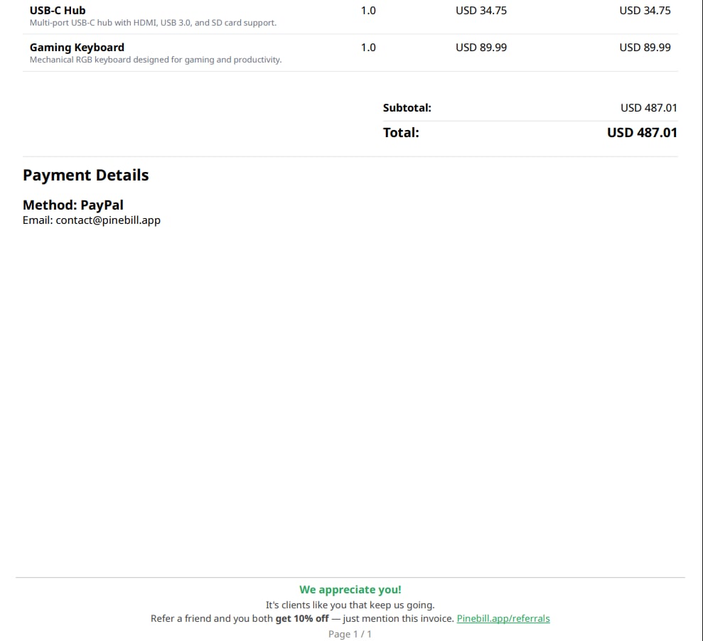 A rich footer rendered at the bottom of an invoice