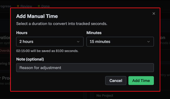 Manual time adjustment dialog