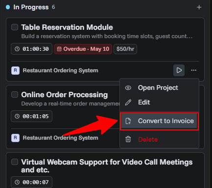 Convert task to invoice button
