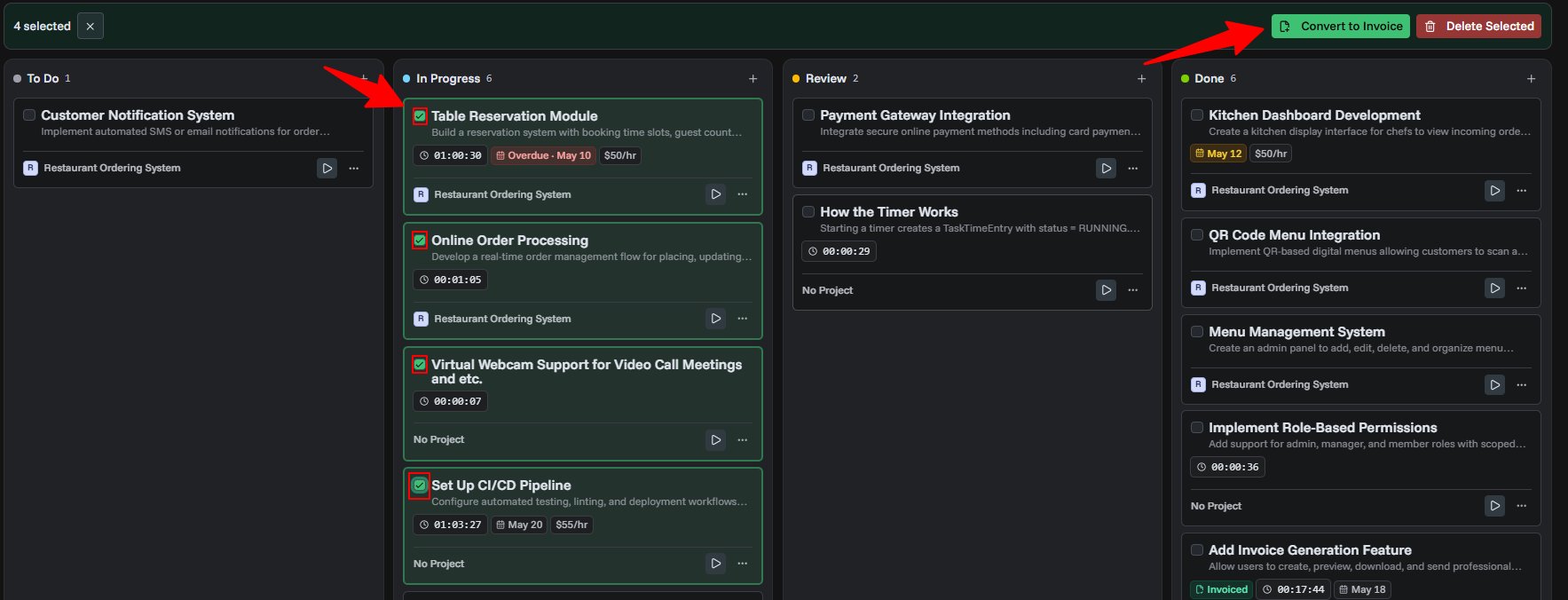 Multiple task conversion to invoice