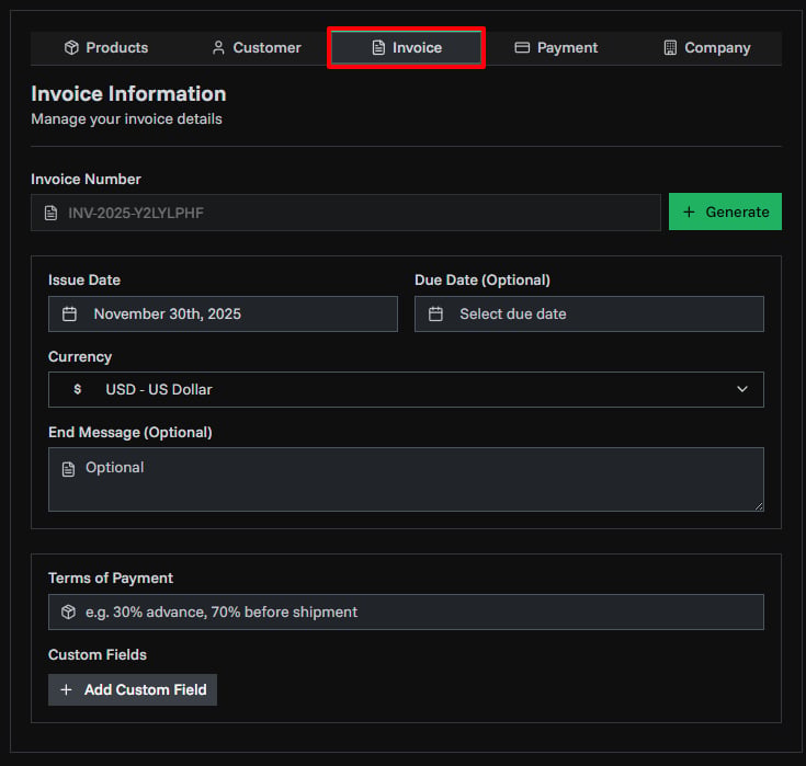 Invoice Details Tab