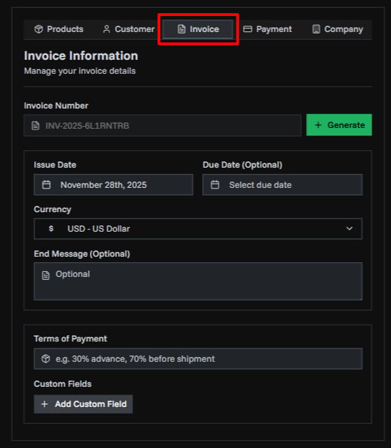 First Invoice Screenshot
