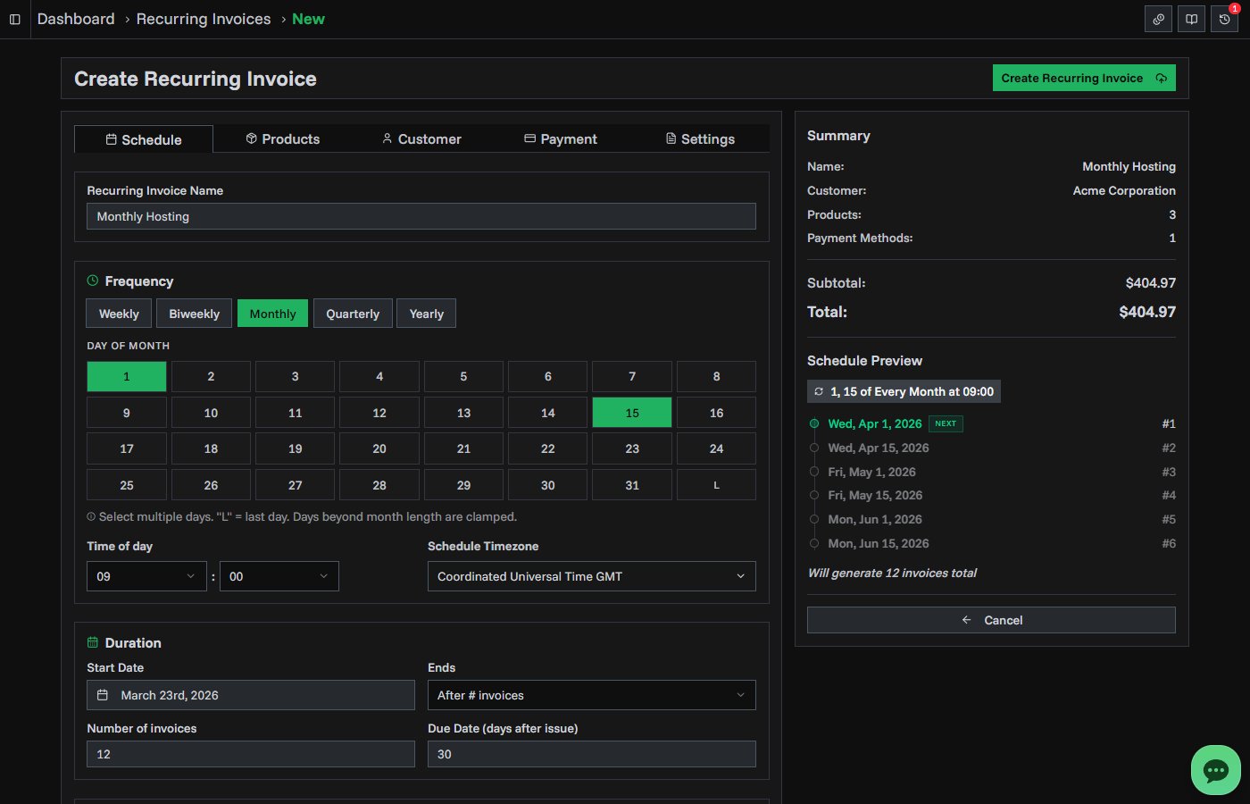 PineBill recurring invoice dashboard showing schedule configuration, run history, and automated email delivery